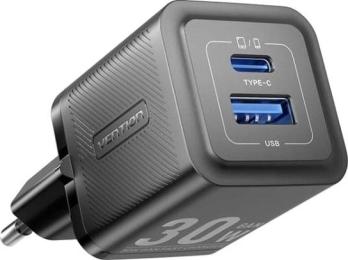 Мережевий зарядний пристрій для телефона Vention 2xUSB 30W (USB-A/USB-C) + USB-C cable М-М Black