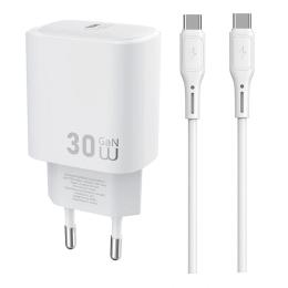 Мережевий зарядний пристрій для телефона WIWU G008 Essen PD30W GaN (1USB-C) White + кабель Type-C to Type-C