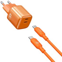 Мережевий зарядний пристрій для телефона WIWU G025 Cube PD45W (2USB-C) Orange + кабель Type-C to Type-C