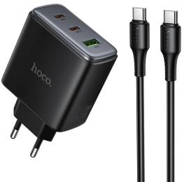 Мережевий зарядний пристрій для телефона Hoco C160A Upgrade PD65W + QC3.0 (1USB-A/2C) Black + кабель Type-C to Type-C