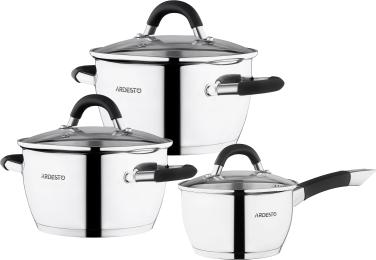 Набір посуду ARDESTO Gemini Livorno Stainless Steel зі зливом, ручки із сірим силіконом, неіржавка сталь, 6 предметі