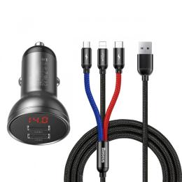Автомобільний зарядний пристрій для телефона Baseus Digital Display Dual Black Gray (USB 4.8 A Car Charger 24W with Three Primary Colors 3-in-1 USB Ca