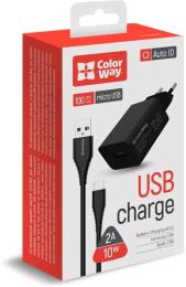 Мережевий зарядний пристрій для телефона ColorWay CW-CHS012CM-BK Black (1 USB Auto ID 2 A 10 W + кабель MicroUSB)