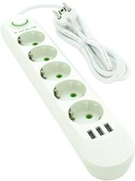 Мережевий фільтр Voltronic F05U White 1,5 м, 5 розеток EU + 3 USB, переріз 3х0.75 мм, 2500 В
