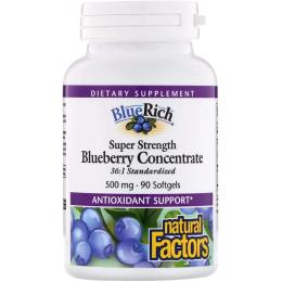 Трави Natural Factors Концентрат Чорниці, 500 мг, BlueRich, Super Strength, 90 капсул (NFS-04516)