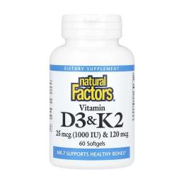 Вітаміни та мінерали Natural Factors Vitamin D3 &amp; K2 25 mcg (1000 IU) &amp; 120 mcg - 60 softgels (2023-10-6543)
