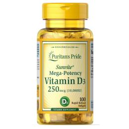 Вітаміни та мінерали Puritans Pride Vitamin D3 250mcg(10000 IU) Mega-Potency - 100 softgels (100-46-3018922-20)