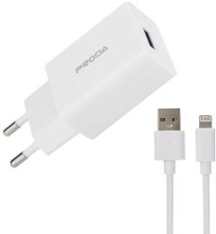 Мережевий зарядний пристрій для телефона Proda PD-A43i USB, кабель Lightning 1 м (PD-A43i-WHT) White