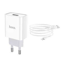 Мережевий зарядний пристрій для телефона Hoco C81A White 2.1A, 1xUSB + Lightning cable
