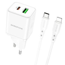 Мережевий зарядний пристрій для телефона Borofone BN7 PD20W + QC3.0 (1USB-A/1C) + Type-C to Lightning White