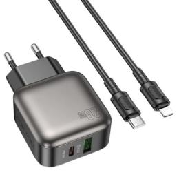 Мережевий зарядний пристрій для телефона Borofone BAS54A Absolute PD20W + QC3.0 (1USB-A/1C) + Type-C to Lightning Black