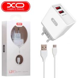 Мережевий зарядний пристрій для телефона XO L31 2USB 2.4A Type-C White