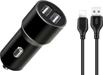 Автомобільний зарядний пристрій для телефона XO TZ09 Black 2.4A/2 USB Lightning Cable