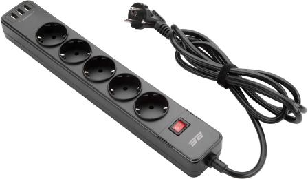 Мережевий фільтр 2E 5хSchuko (2E-SP515M2USBBK) Black