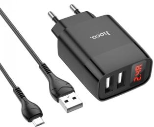 Мережевий зарядний пристрій для телефона Hoco C86A Illustrious Digital Display Black 2USB + Cable (Micro USB)
