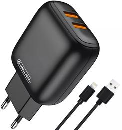 Мережевий зарядний пристрій для телефона Jellico C33 2USB 2.4A + Lightning cable Black
