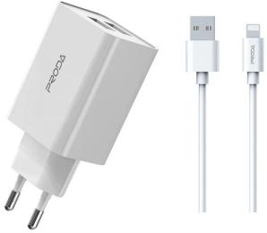 Мережевий зарядний пристрій для телефона Proda PD-A28i (2USB 2.4A) + Type-A to Lightning Cable White