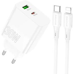 Мережевий зарядний пристрій для телефона Borofone BA75A Powerful dual port + Type-C to Lightning Cable White PD30W+QC3.0