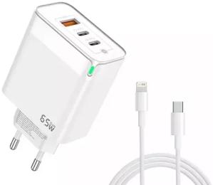 Мережевий зарядний пристрій для телефона Jellico C79 USB + 2PD 65W + Type-C to Lightning cable White