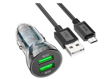 Автомобільний зарядний пристрій для телефона Hoco Z47 + Micro-USB Black 2xUSB-A, QC3.0 (6931474782236)