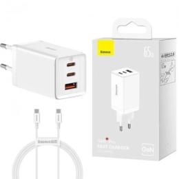 Мережевий зарядний пристрій для телефона Baseus GaN5 Pro 65W 2 x USB Type-C + 1 x USB Type-A White + Type-C - Type-C кабель 1м (CCGP120202)