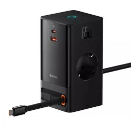 Мережевий зарядний пристрій для телефона Baseus PowerCombo Digital PowerStrip Black 65W + 1xUSB + 1xUSB Type-C + вбудований кабель
