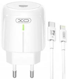 Мережевий зарядний пристрій для телефона XO L113 single White + Type-C to Lightning Cable