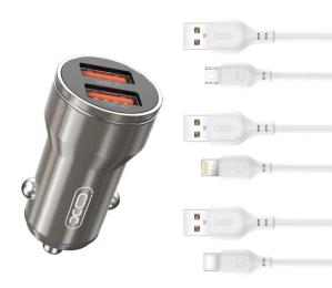 Автомобільний зарядний пристрій для телефона XO CC48 2.4A/2 USB + lightning Light Gray