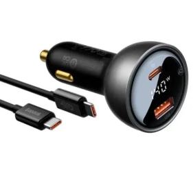 Автомобільний зарядний пристрій для телефона Baseus Digital Display 140W USB + Type-C Black +кабель Type-C(тато)-Type-C(тато) 240W