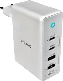 Адаптер живлення для телефона Vokamo 2xType-C, 2xUSB Spow GaN 100W White (VKM30030)