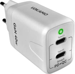 Адаптер живлення для телефона Vokamo 2xType-C Spow GaN 40W White (VKM30033)
