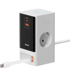 Мережевий зарядний пристрій для телефона Baseus PowerCombo Digital PowerStrip Glacier White (PSLR000602) 65W + 1xUSB + 1xUSB Type-C + вбудований каб.