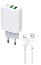 Мережевий зарядний пристрій для телефона XO L85C 2USB 2.4A White + lightning cable