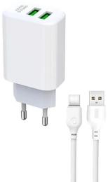 Мережевий зарядний пристрій для телефона XO L85C 2USB 2.4A White + type-C cable