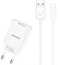 Мережевий зарядний пристрій для телефона USAMS T21 KiT T18 single USB-A 2.1A White with U Turn Lightning cable