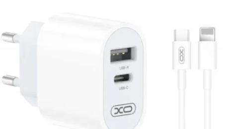 Мережевий зарядний пристрій для телефона XO L97 A + C dual port Home charger White with Lightning cable