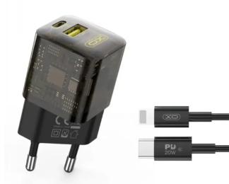 Мережевий зарядний пристрій для телефона XO CE05 (EU) PD30W + QC3.0 18W Brown with Lightning cable