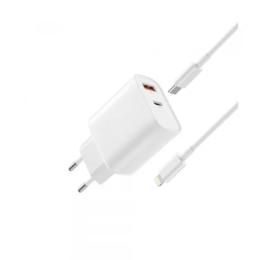 Мережевий зарядний пристрій для телефона XO L116 (EU) PD30W/QC18W (1USB-C + 1USB-A) fast charging charger White with Lightning cable
