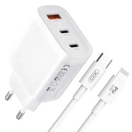 Мережевий зарядний пристрій для телефона XO L117 (EU) PD45W/QC18W (2USB-C + 1USB-A) fast charging charger White with Lightning cable