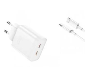 Мережевий зарядний пристрій для телефона XO L105 (EU) 35W dual Type-c port fast charger White with Lightning cable