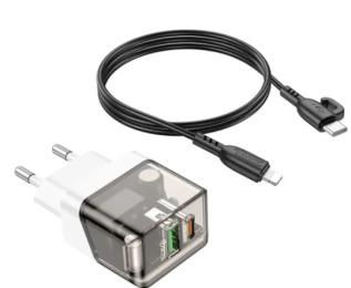 Мережевий зарядний пристрій для телефона Borofone BA80A PD20W/QC3.0 Transparent Black + Cable Type-C to Lightning