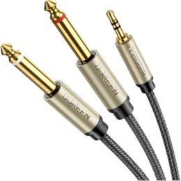 Аудіо-кабель Ugreen AV126 mini-jack 3.5 мм (тато)  -  2 x jack 6.35 мм (тато) 2м Gray