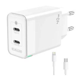 Мережевий зарядний пристрій для телефона Jellico C121 White 2PD 40W + TYPE-C TO LIGHTNING