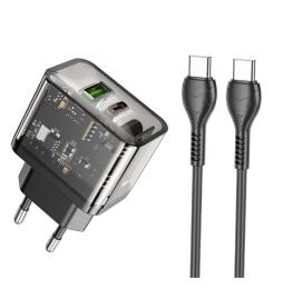 Мережевий зарядний пристрій для телефона Hoco N34 Dazzling Transparent Black PD20W/QC3.0 + USB-C to USB-C