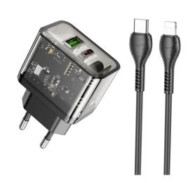 Мережевий зарядний пристрій для телефона Hoco N34 Dazzling Transparent Black PD20W/QC3.0 + USB-C to Lightning