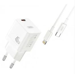 Мережевий зарядний пристрій для телефона XO CE09 SINGLE White Lightning-Type-C cable