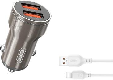 Автомобільний зарядний пристрій для телефона XO CC48 Gray Metal Smart Car Charger 2USB 2.4A + type-C cable