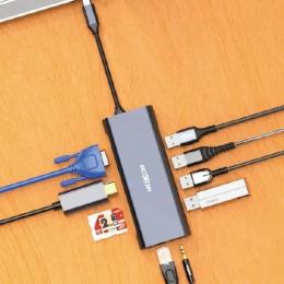 USB-хаб MOXOM MX-HB03 Gray (Type C to 3USB 3.0 + 1USB 2.0 + microSD + Type C + VGA + HDMI + RG45 + AUX)