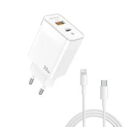 Мережевий зарядний пристрій для телефона Jellico C122 1PD + 1QC 38W White + Type-C to Lightning cable