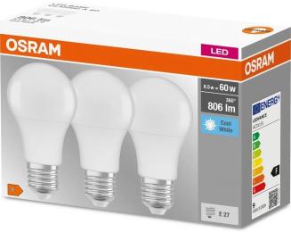 Світлодіодна лампа OSRAM LED E27 8.5Вт 4000К 806Лм A60 3шт